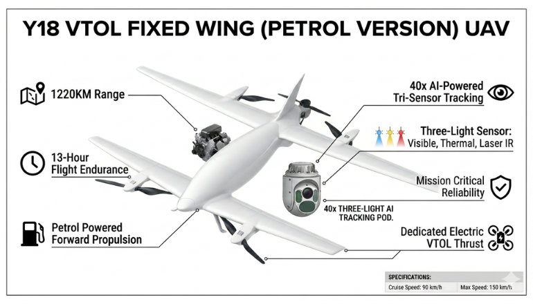 Y18 VTOL Fixed Wing (Petrol Version) with 40x Three-Light AI Tracking Pod UAV